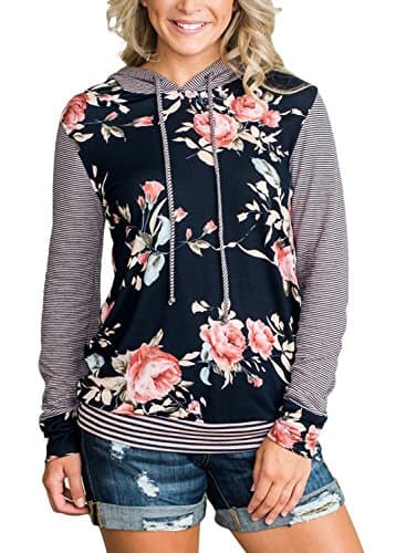 Leindr Womens Tunics Loose Fit Pullover Active Top Long Sleeve Floral Print Drawstring Hooded Sweatshirt Hoodies for Women Plus Size Navy S 4 6