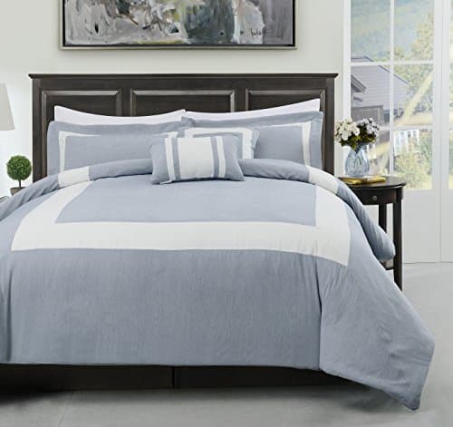 Forte 5 piece Full Size Comforter Set Stone Blue background with Ivory Stripe Bed Cover Set