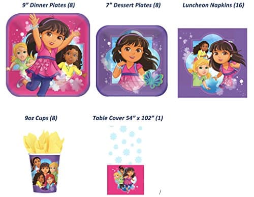 Dora &amp; Friends Complete Party Supply Bundle (Service for 8 including table cover) 41 items: 8-9" Plates, 8-7" Desert plates, 8-9oz Cups, 16 Large Lunch Napkins, Table Cover