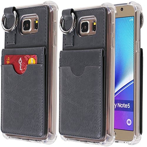 Galaxy Note 5 Wallet Case,[Pocket Ring Bumper] Credit Card Case [Kick Stand] Protective Hybrid Case [Key Ring Holder] with 3 Cards Slot Wallet for Galaxy Note 5 (Dark Grey)