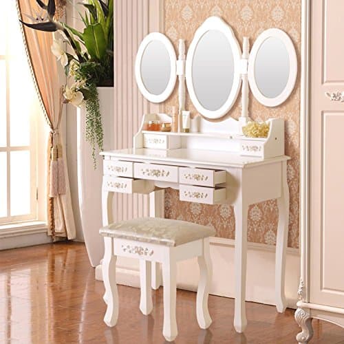 Vanity White Makeup Dressing Table Set Wood Desk w/Stool 7 Drawer&Folding Mirror
