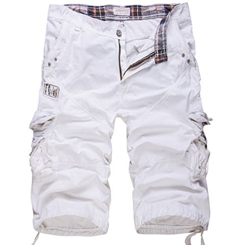 Men's Relaxed Fit Solid Long Cargo Shorts Capri Pants (no belt)(White,34)