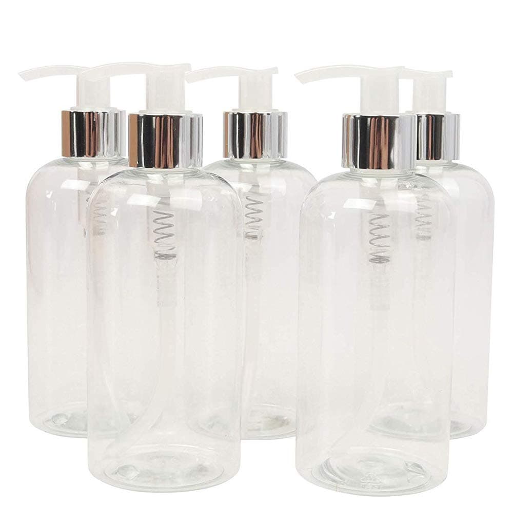 LUCEMILL 5 x 250ml Empty Clear PET Boston Plastic Bottles w/Transparent & Chrome Silver Lotion Pump Dispenser
