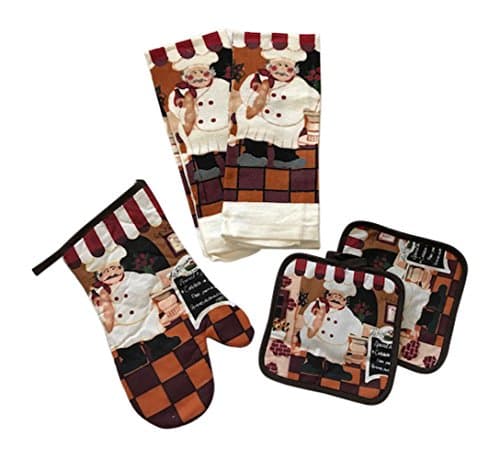 Chef Kitchen Linens, 2 Towels, 2 Pot Holders and 1 Oven Mitt, 5 Piece Bundle