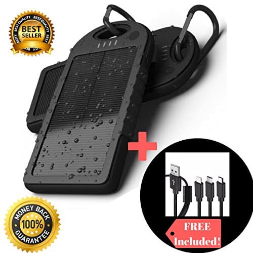 Solar Powered Charger Battery Pack For Phone Tablet 5000Mah and 3 in 1 USB Charging cable, shock proof, waterproof