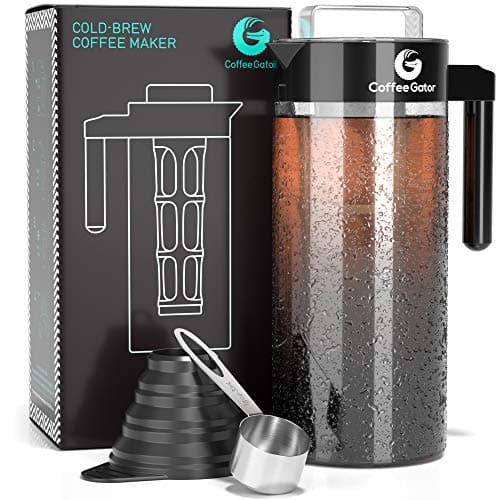 Coffee Gator Cold Brew Coffee Maker - BPA-Free Filter and Glass Carafe - Brewing Kit with Stainless Steel Measuring Scoop and Collapsible Loading Funnel - Black - 1.4 Litre