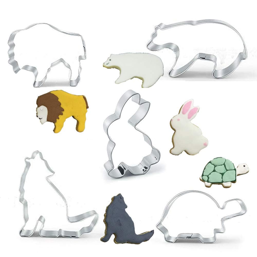 KeepingcooX5-Piece Polar Bear Hare/Rabbit Wolf Lion Turtle Cookie Cutter Cake Mould Stainless Steel