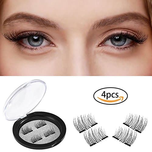 Amonssa Double Magnetic Eyelashes, Handmade Soft False Eyelashes, Ultra Thin Natural Look Fake Eyelashes, Dual Magnetic Reusable Fiber Eye Lashes One Pair 4 PCS black