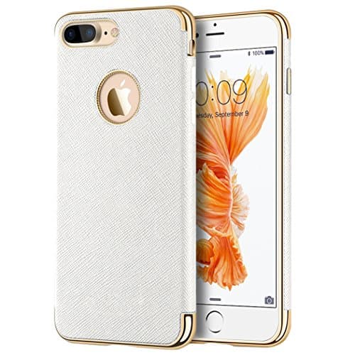 Apple Iphone 7 Plus Saffiano Luxury Tpu Case W/ Electroplated Frame / Buttons And Built-In Magnatic Metal Plate - White