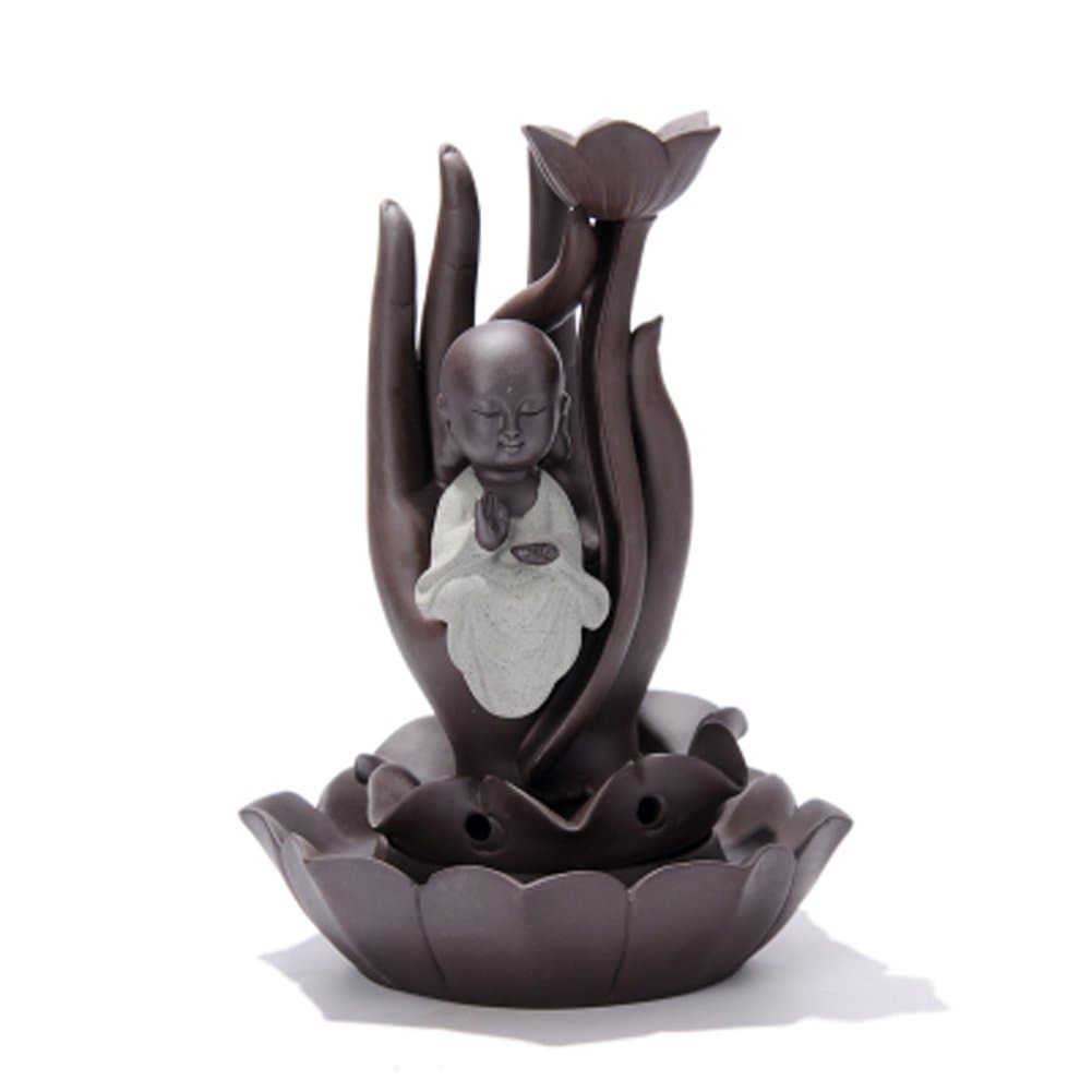 Creative Little Monk Hand Censer Backflow Ceramic Lotus Cone Incense Holders Room Decoration (Grey)
