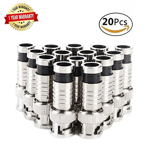 BNC Compression Connector,RG59 Coax Male Adapter Plug,75 Ohm Nickel Plated Plug Extension Coaxial Cable with Copper Fitting Pin for CCTV Security Video System Accessories 20Pcs-Pack,Silver