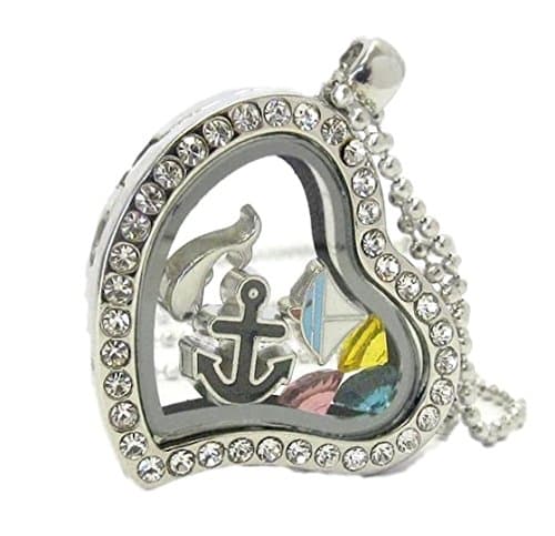 Nautical Heart Locket Necklace BN Tiny Crystal Beads Mini Floating Charms