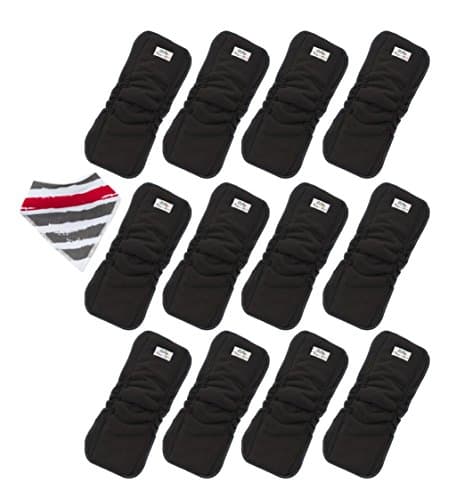 Cloth Diaper Inserts (12pk) 5-Layer Washable Charcoal Bamboo Inserts with Gussets + Bandana Bib