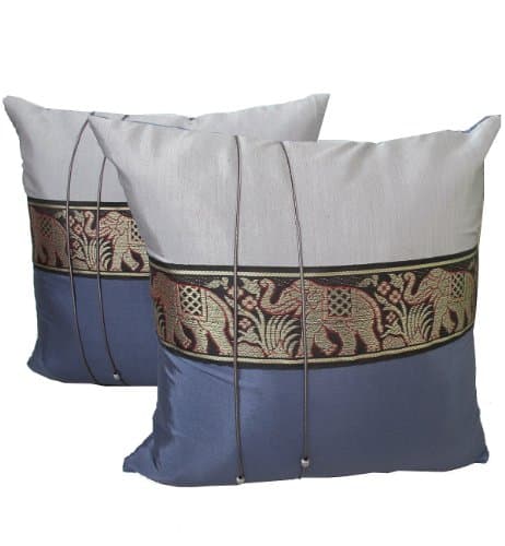 Honest Bee Presents. One Pair Green Big Elephant Stripe Throw Cushion Cover/Pillow Case Thai Silk for Decorative Sofa, Car and Living Room Size 16 X 16 Inches