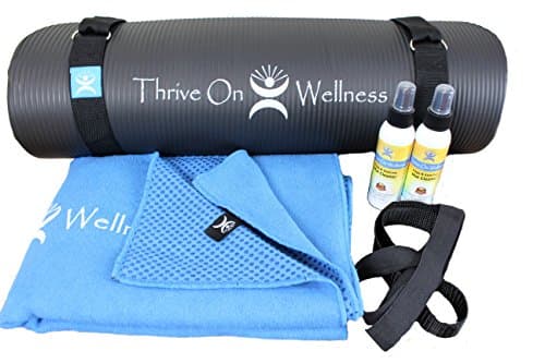 Thrive On Wellness 6 in 1 Exercise Mat Kit - includes 1 Thick Mat &amp; Yoga Towel Mat, with 2 Mat Spray Cleaners &amp; 2 Straps for Carry &amp; Stretch - BEST for Pilates, Yoga, Hot Yoga, P90x &amp; Stretch (Black)