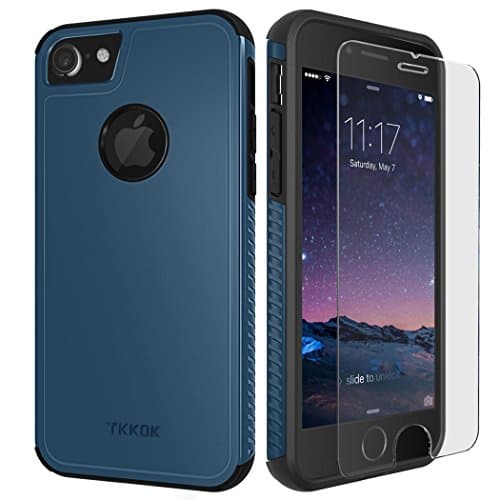 TKKOK iPhone 7 case, Slim Dual layer Heavy Duty Rugged Scratch-Resistant Shockproof Non-slip Grip Protective Case Cover [Tempered Glass Screen Protector Included] for iPhone 7-Blue/Black