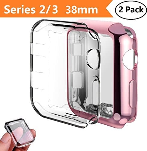 Apple Watch Series 2/3 Case 38mm,Monoy 2-Pack All Around Protective Cover Case Screen Protector for iWatch 2/3 38mm - Clear+Pink 38mm