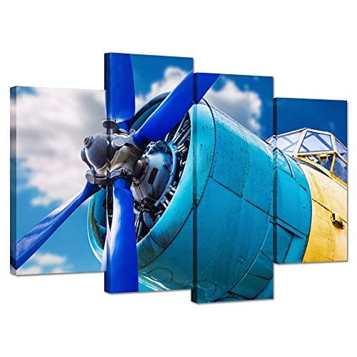 iHAPPYWALL Hello Artwork - 4 Piece Canvas Wall Art Blue Propeller and Engine of Vintage Airplane Over Sky Picture Print On Canvas Framed Ready to Hang for Home Wall Decoration