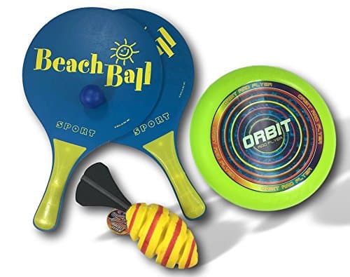 Beach Toy with paddle set and flying disc frisbee bundle combo. Great for pool and beach party fun. For Adults &amp; Kids. Colors may vary.
