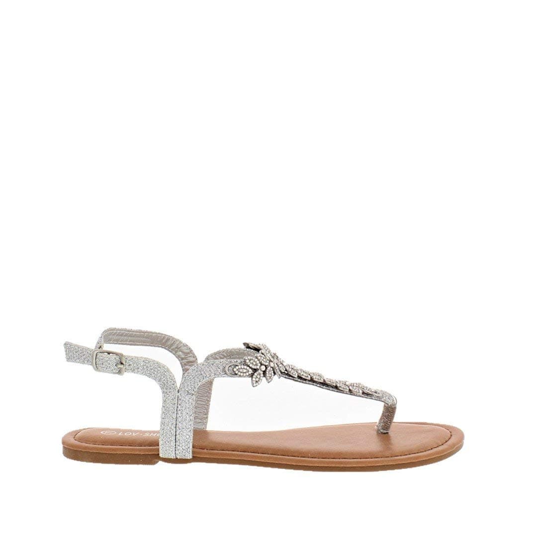 Women's T-Strap Gem Stone Leaf Accent Thong Sandal with Adjustable Buckle
