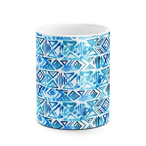 Native Aztec Triangles Tribal Blue Watercolor Mosaic Boho Pattern White Heat Resistant Ceramic Tea Coffee Mug - 11oz