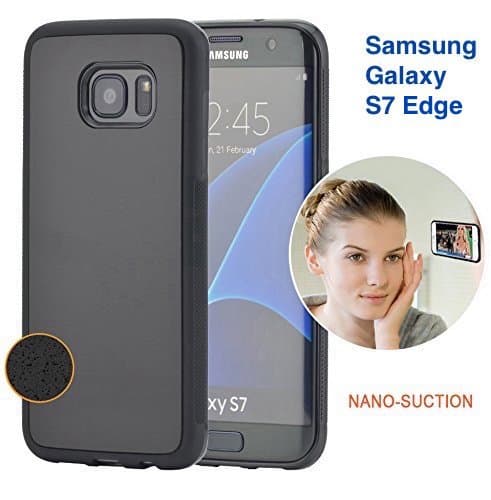 Anti-Gravity Selfie Case for iPhone Samsung Galaxy S7 Edge by True Universal, Hands Free Nano Suction Stick to Glass, Tile, Car GPS, Most Smooth Surface (S7 edge) (Black)