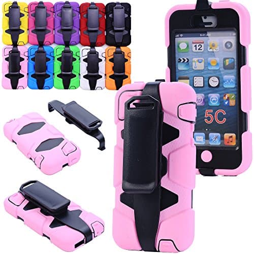 Generic For iphone 5C Rubber Case, Defender Series Heavy Duty Army Military Grade Shock-absorbing Weather Shatter-resistant Extreme Impact Hybrid Built-in Screen Protector Camo Hunter Case With Belt Clips/Holster For iphone 5C Only (Not For iphone 5/5s) (Baby Pink)