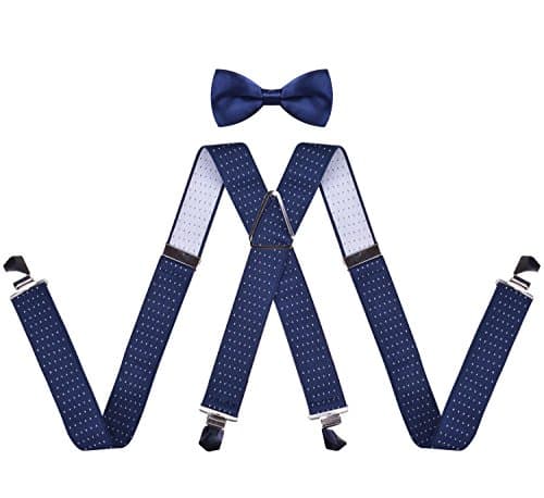 X-Back Work Suspender Adjustable Brace Suspenders And Bowtie Set Navy Polka Dot