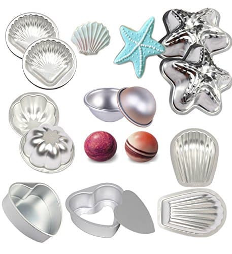 6 Set 12Pieces 6 Style Mold with 2 Shell Shape,2 Hemispheres,2 Heart Shape, 2 Starfish Shape,2 Scallop Shape,2 Flower Shape Cake Pan Molds,DIY Metal Bath Bomb Mold with ， Aluminum
