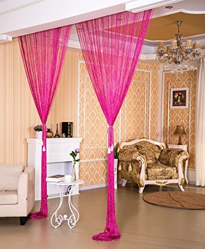 Eyotool 3x3 M Door String Curtain Rare Flat Silver Ribbon Thread Fringe Window Panel Room Divider Cute Strip Tassel for Wedding Coffee House Restaurant Parts (Rose Red)