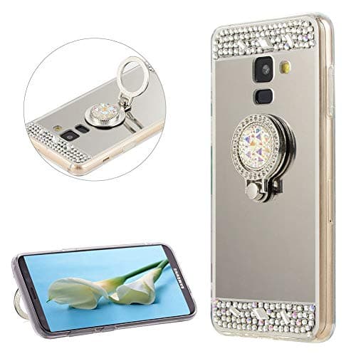 DasKAn Rhinestone Mirror Case for Samsung Galaxy A8 Plus 2018 with Metal Finger Holder Ring Stand,Crystal 3D Diamond Design Slim Soft Silicone Back Cover Flexible TPU Protective Phone Case,Silver