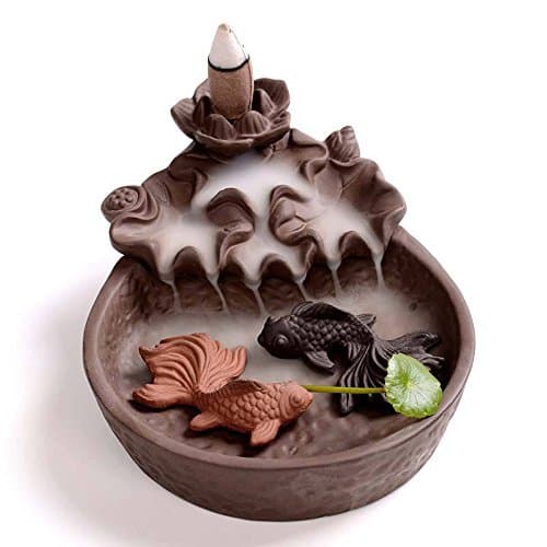 SYNPIE Incense Cone Burner-Purple Clay Two Fish Backflow Incense Burner Incense Cone Holder &amp; 10 Incense Cones 1 Leaf for Home Fragrance Home Decor Mediation Tea Ceramony