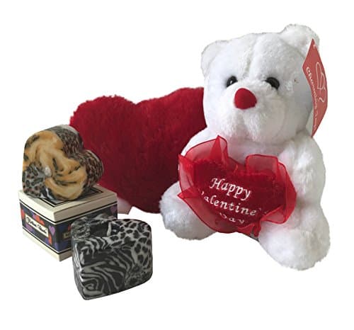 Best White 7" Romantic Teddy Bear with "Happy Valentines" Message, 1 Red Plush Heart and 1 Pack of 2 Mini Heart Shaped Glowing Handmade Candle in Animal Print