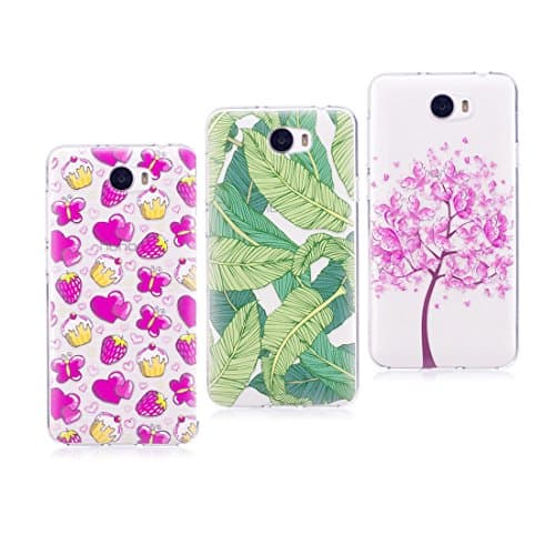 [3-Pack] Soft Silicone Case for Huawei Y5 II/Y5 2, Cover for Y5 ii 2 (cun-l21) cun-l01 Lovely Girls TPU Bumper Transparent Clear Slim-Fit Scratch Resistant ( Strawberry+Palm leaves+Butterfly )