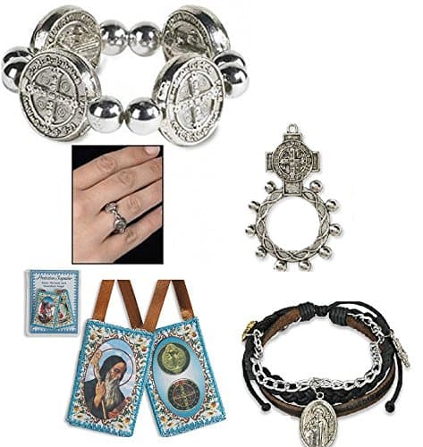 St. Benedict Protection from Evil Pack - Rosary Ring, Medal Ring, Scapular, Leather Charm Bracelet
