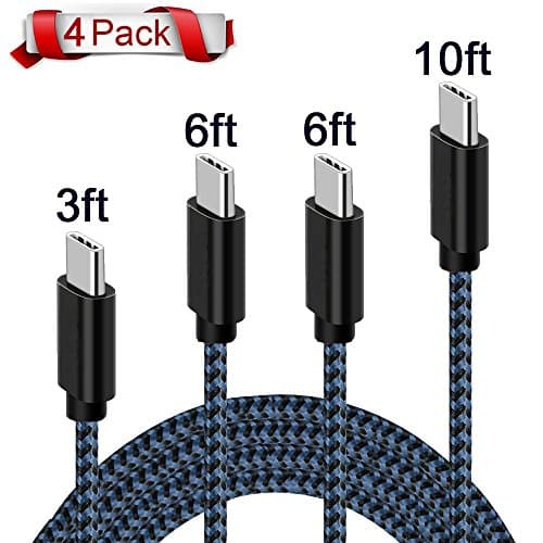 Type C Charging Cable, Tourist 4Pack 3FT 6FT 6FT 10FT Nylon Braided Cord to USB Charging Charger for Nexus 5X 6P, Huawei P10 Plus Mate 9,Note 8 and more (Black+Blue)