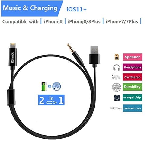 2 in 1 Lightning Charging and Audio Cable Nylon Braided Lightning Car Charger &amp; Lightning to 3.5mm Stereo Audio Cable, Compatible with Latest iOS 3.94ft/1.2M (Black （2 in 1）)