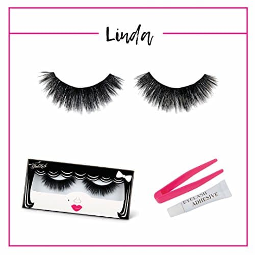 3D False Lash Pack - “Linda” by GladGirl - Set Includes Glue and Applicator - Dramatic, Natural Style - Reusable Fake Lashes - Multi-layered Synthetic Mink