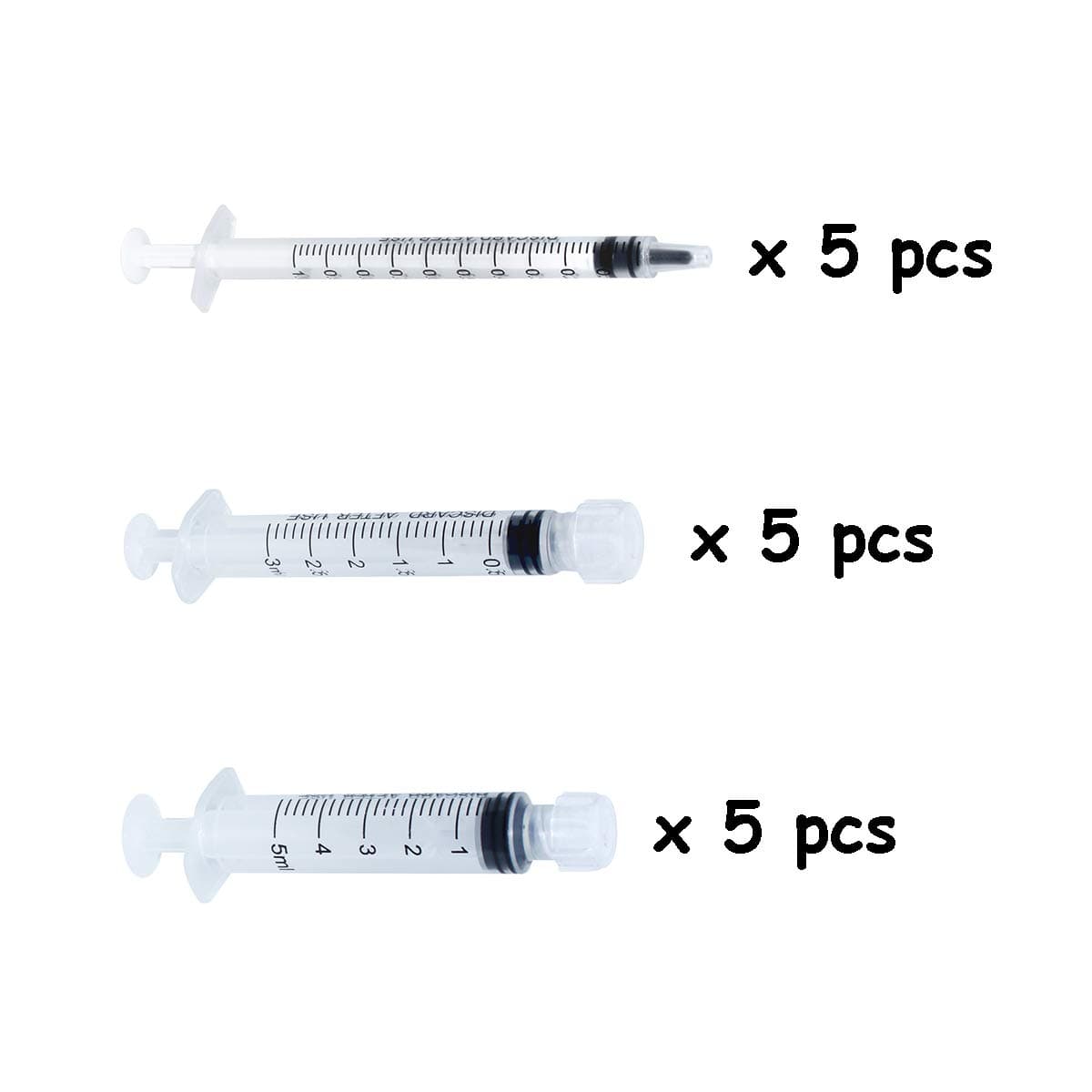 1ml, 3ml, 5ml Syringe Pack Without Needles, 1cc, 3cc, 5cc Glue Applicators with Luer Lock Tip Caps, Non-Sterile for Injecting Oil Glue Lubrification (Pack of 15)