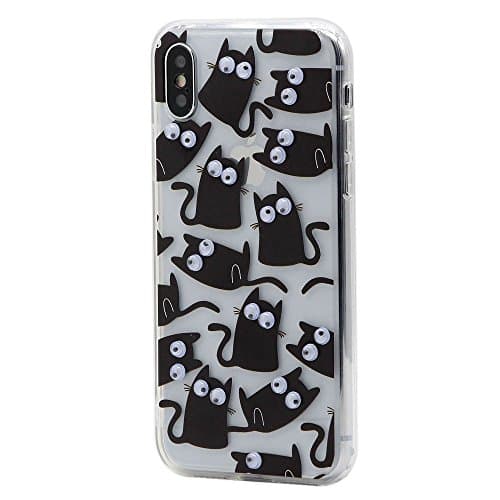 iPhone X iPhone 10 Case Cover CKCY Cute Googly Moving Eyes Transparent Hybrid Hard Plastic Back Plate and Soft TPU Gel Bumper [Shock Absorption] Slim Fit for Apple iPhone X (2017) (Cat)