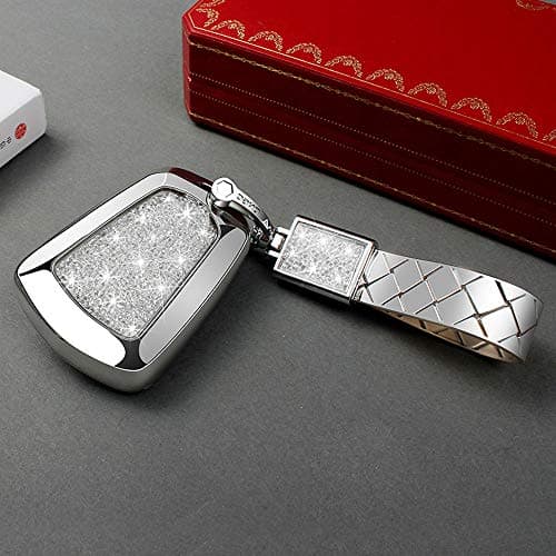 Upscale Car Key Shell Case Set Key Chain with Sparkling Preciosa Crystal + Luxury & Fashion Design + Electroplating ABS Car Keys Case Holder Cover for QUEEN (Cadillac, White)