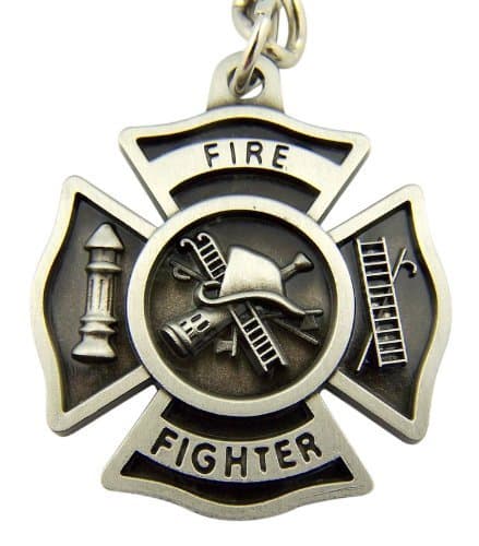 Pewter Fire Fighter Shield Shaped Medal with Ladder and Hydrant Key Chain, 1 1/2 Inch