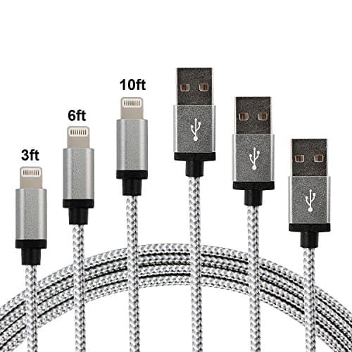 iPhone Lightning Cable, SENTLY Nylon Braided iPhone Lighting to USB Cable Tangle Free Durable 8 Pin Charging Cord and Sync Cable for iPhone 7/6/6s/5/5s/5c, iPad mini, Silver - 3 Pack (3ft 6ft 10ft)