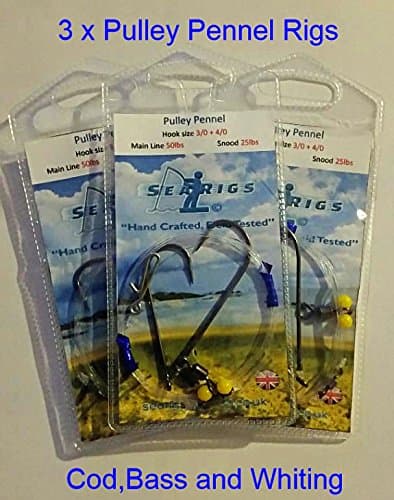 searigs 2 Hook Pulley Rig (Pennel) 2/0 + 2/0 Cod & Bass x3 Packs - Designed for distance Casting over Rough Ground 50lb/25lb