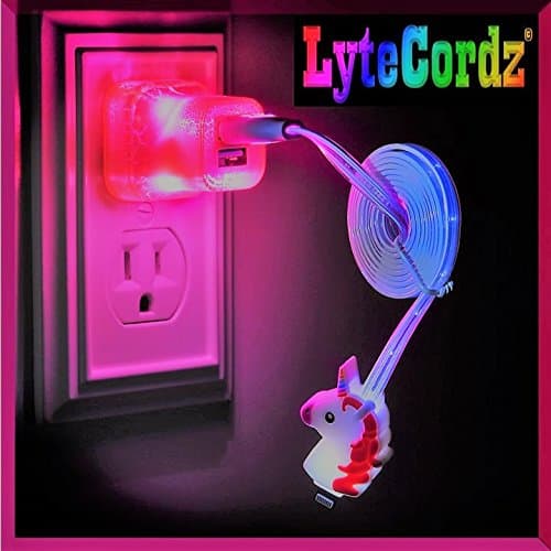 Light Up LED Glowing Multicolor Unicorn Emoji Charging Cable with Light Up USB PLUG - iPhone 5/6/7/8 or Android (iPhone 5/6/7/8)