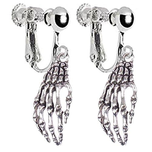 Vintage Punk Gothic Skeleton Hands Clip on Earrings Claw Dangle for Kids Girls Women (White Gold Plated)