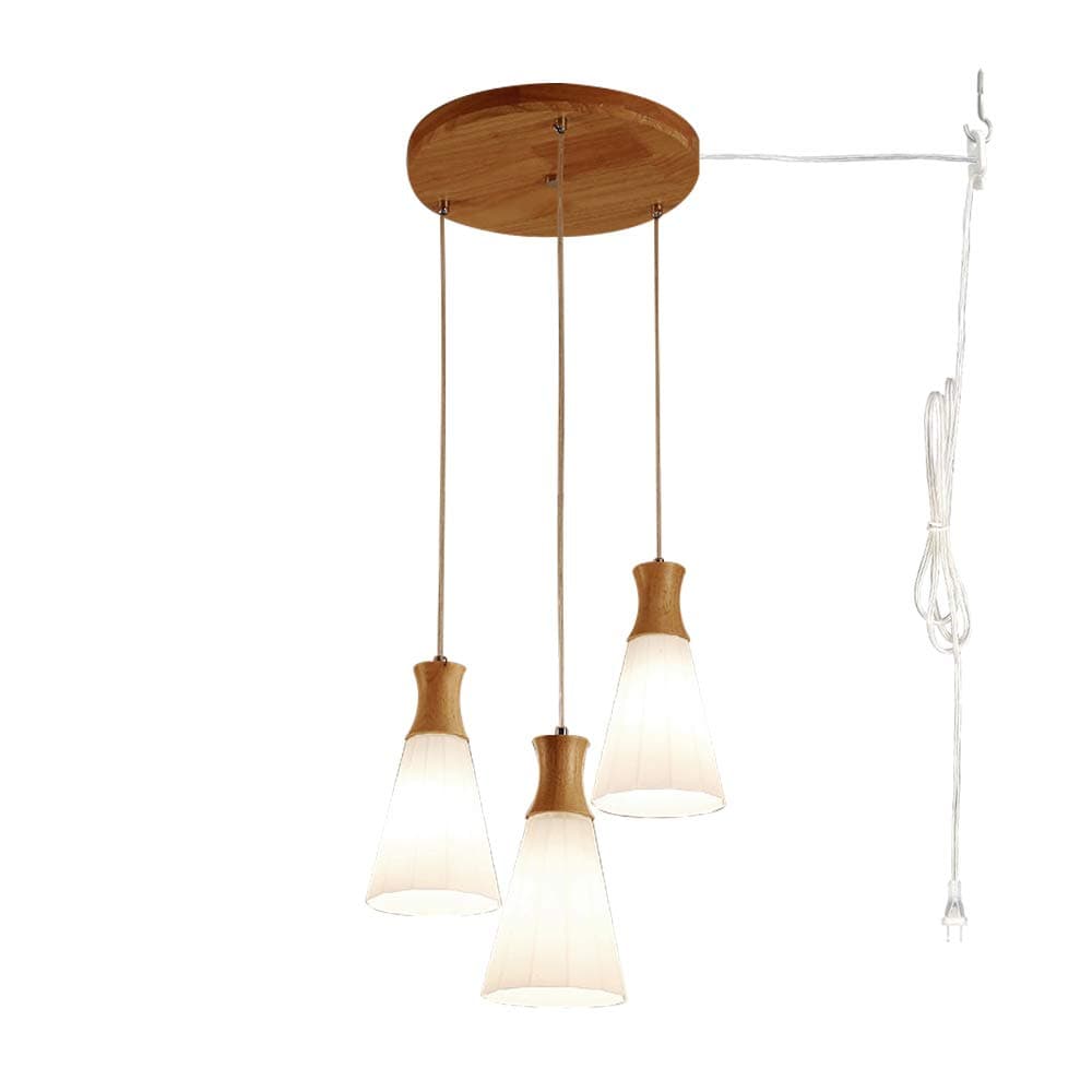ANYE 3-Lights Pendant Lighting 15Ft Plug in Cord E26 Lamp Socket Nordic Minimalist Style Wooden Glass Lampshade Pendant Ceiling Light for Restaurant Dining Room Loft Deco Bulb Not Included