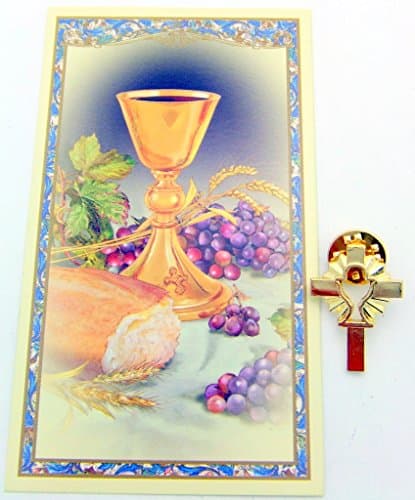 First Holy Communion Mini Gift Set Cross Lapel Pin &amp; Holy Card for Boys or Girls