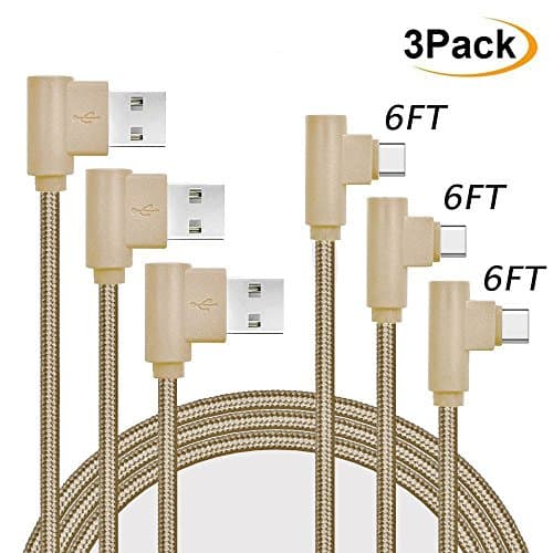 Daker USB Type C Cable, [3Pack] 6ft Right Angle 90 Degree Nylon Braided Cord Charge and Data Sync Fast Charger for Galaxy S8/S8+, Note 8, Google Pixel XL, LG G5/G6/V20, ZTE Zmax Pro Z981 (Gold)