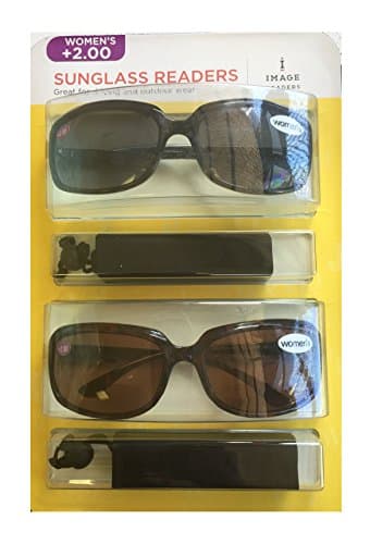Image Readers Womens 2 Pack Trendy Frame Reading Sunglasses Glasses Block Out Ray UV and Gamma w/ +2.00 Magnification Viewing Pleasure Black Brown W/ Carry Pouch Driving Outdoor Safe Curved Lens